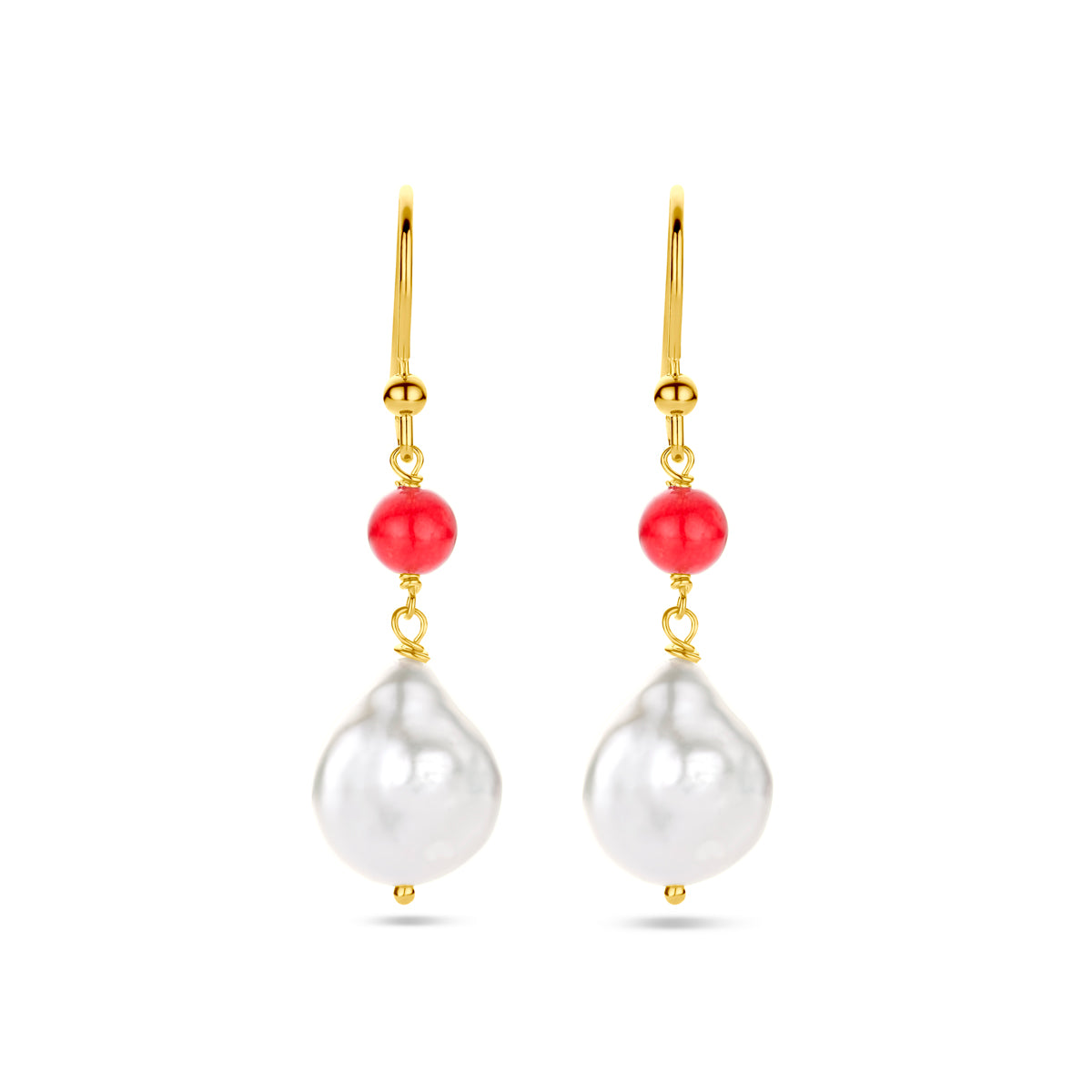 Oorhangers parel barok en rood agaat franse haak 1 micron zilver verguld (geel)