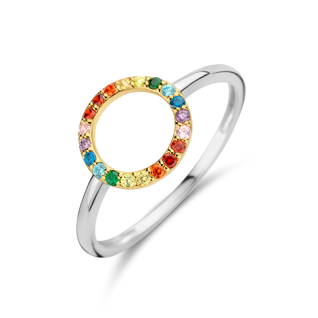 Ring rondje regenboog zirkonia zilver verguld (geel/rhodium)