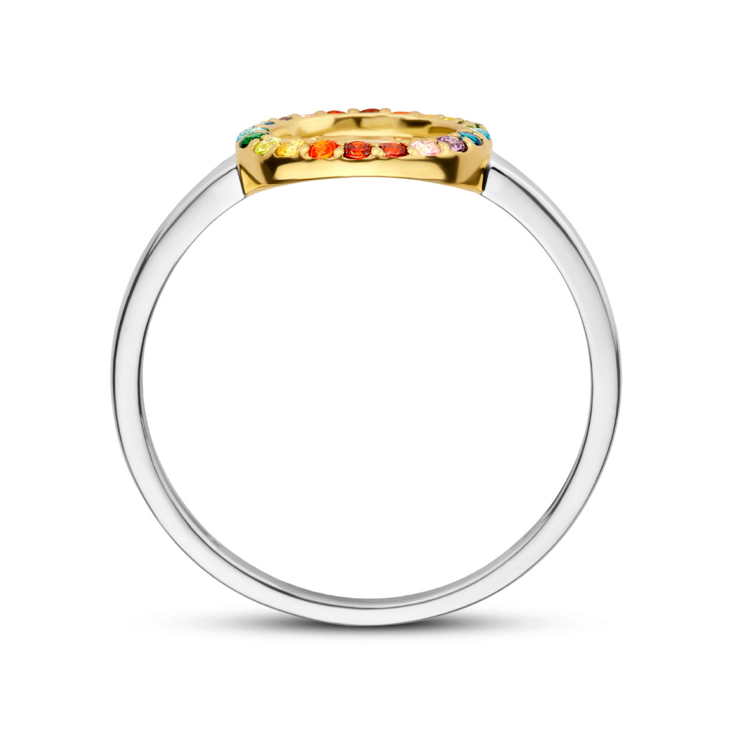 Ring rondje regenboog zirkonia zilver verguld (geel/rhodium)