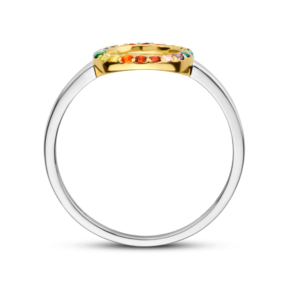 Ring rondje regenboog zirkonia zilver verguld (geel/rhodium)