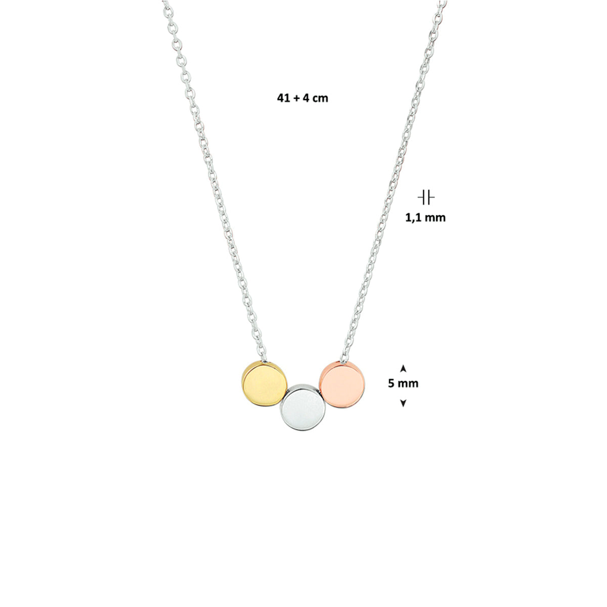 Collier rondjes 41 + 4 cm zilver verguld (tricolor geel/rosé/rhodium)