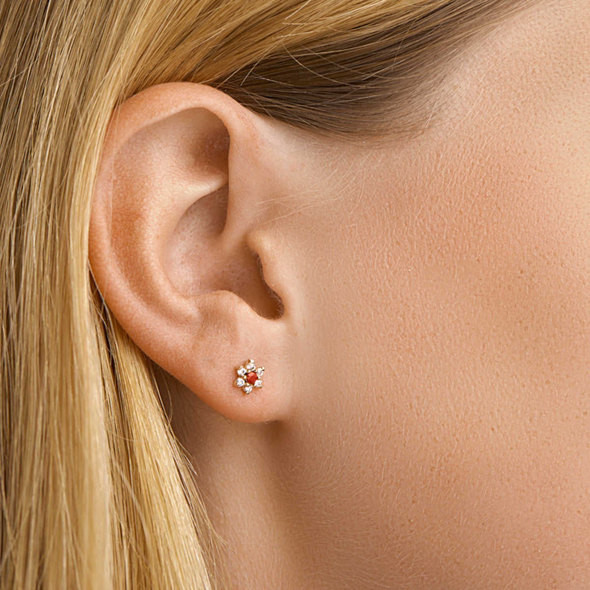Ohrstecker Rubin und Zirkonia Halo 14K Gelbgold
