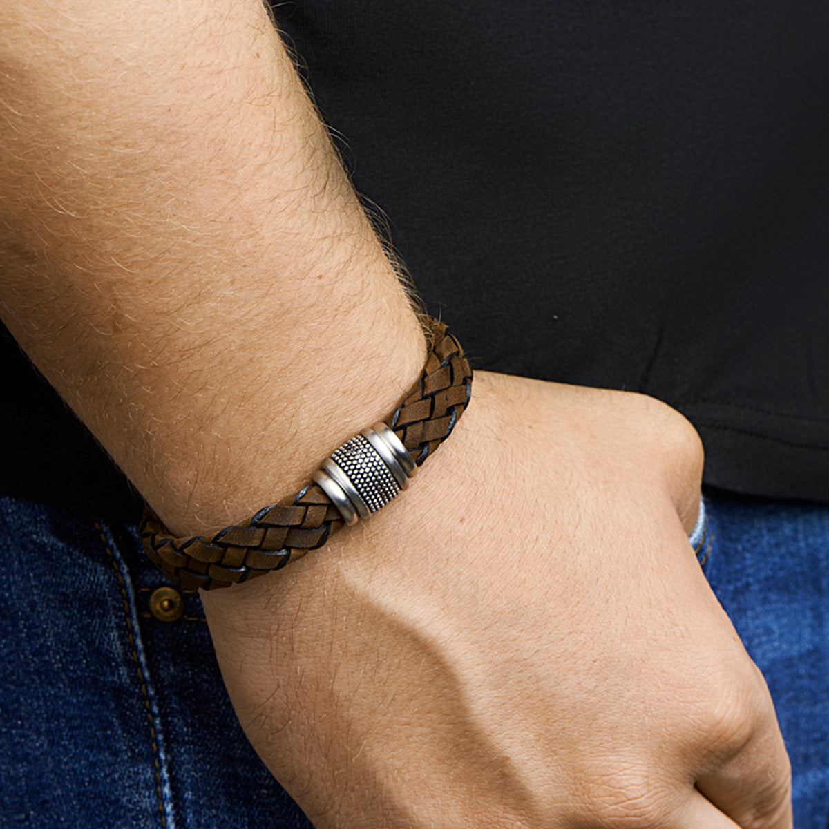 Armband leer dunkelbraun Edelstahl
