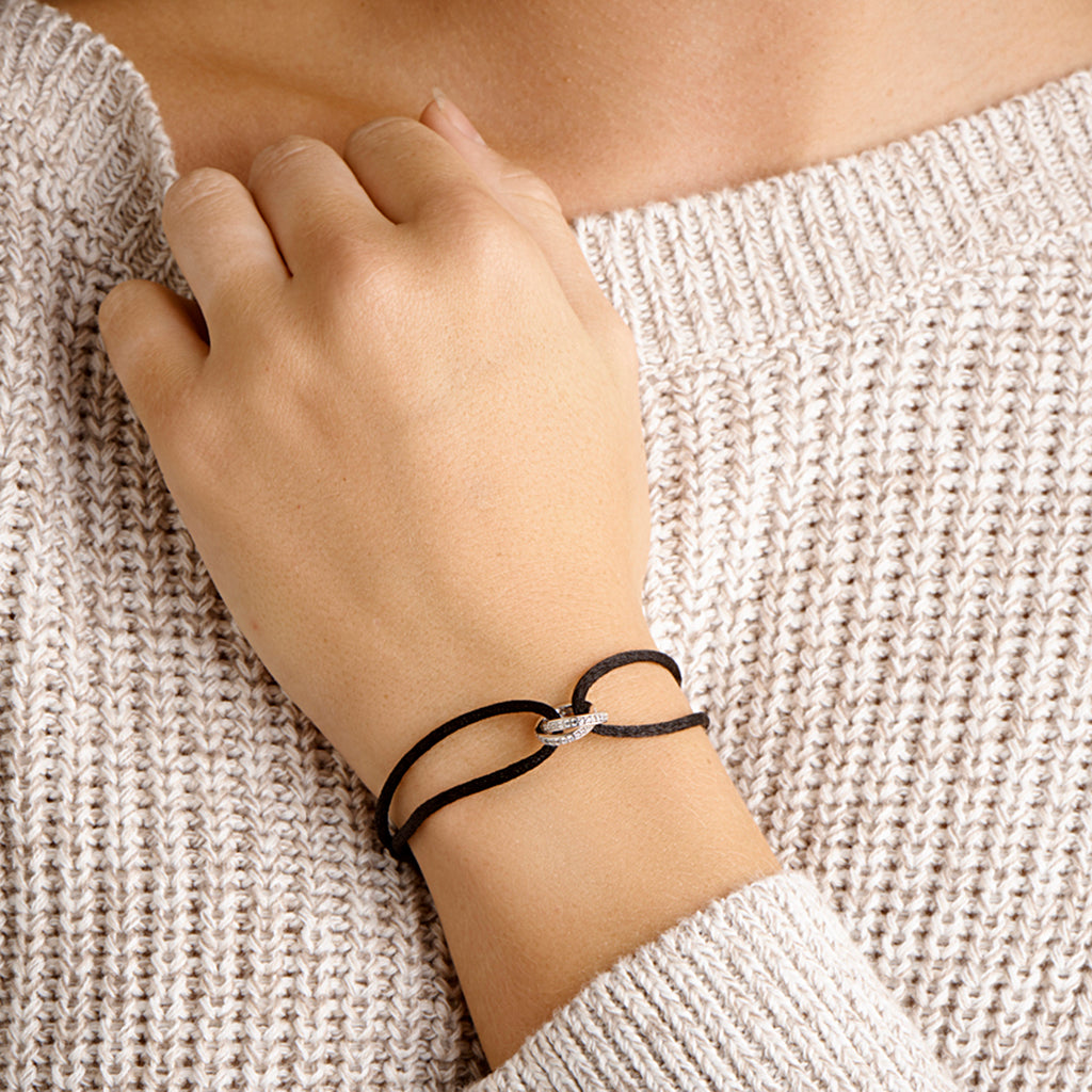 armband satijn zwart zirkonia 13 - 26 cm zilver gerhodineerd met rubber/nylon/leer