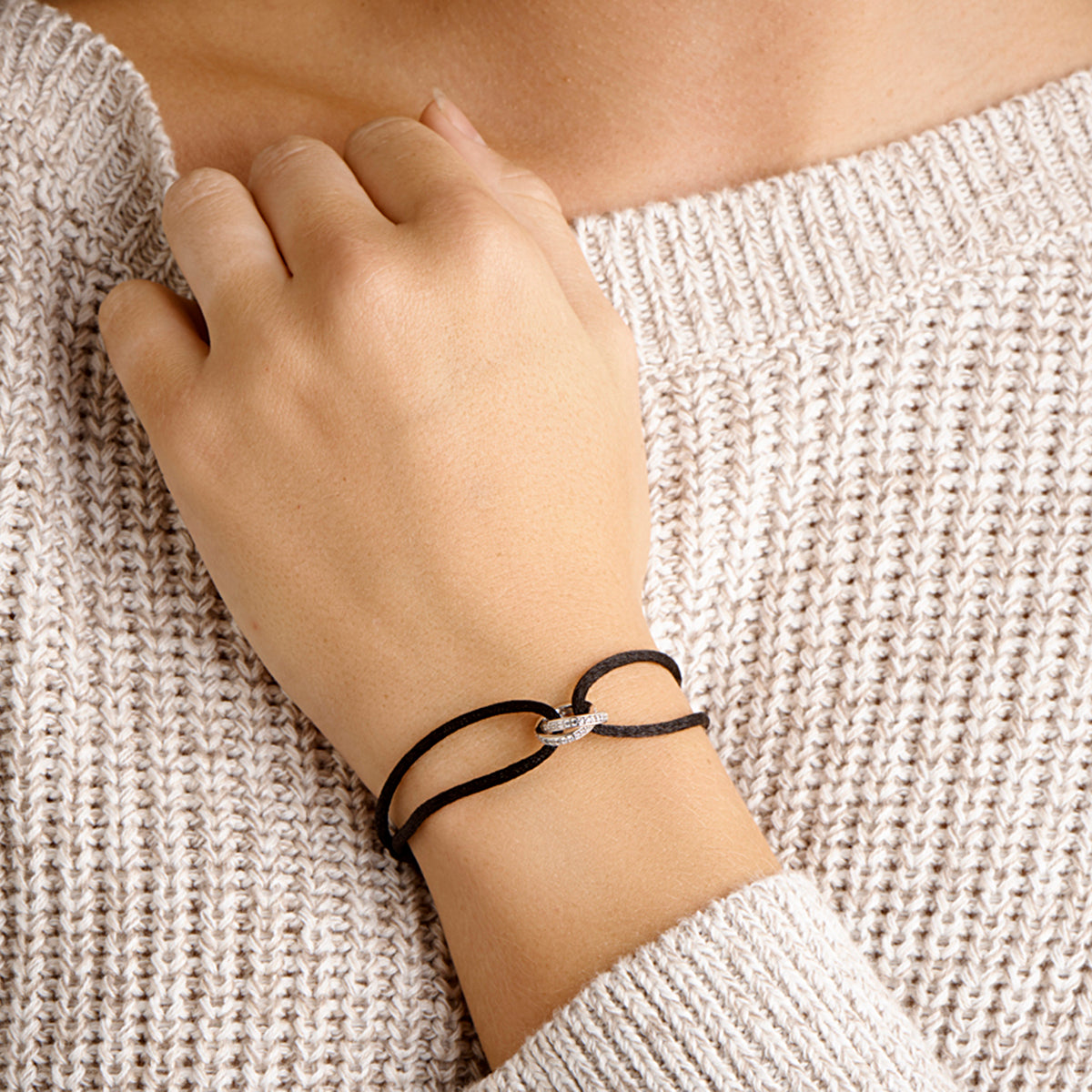 Armband Satin schwarz Zirkonia 13 - 26 cm Silber rhodiniert mit Gummi/Nylon/Leder