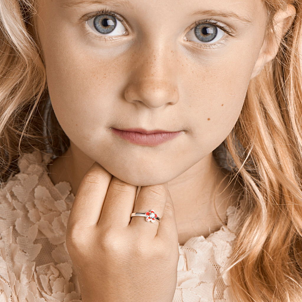 ring bloem roze zirkonia emaille zilver wit