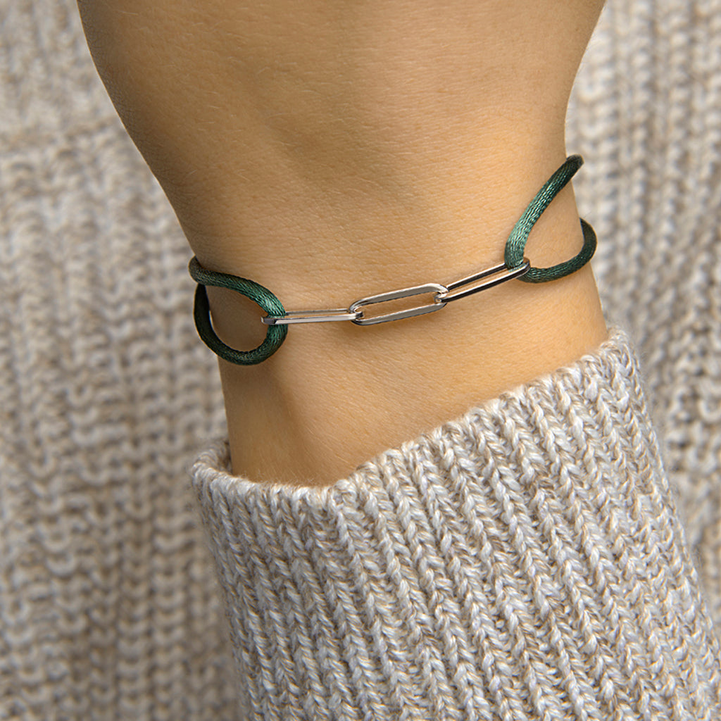 Armband Satin grün 13 - 26 cm rhodiniertes Silber mit Gummi/Nylon/Leder