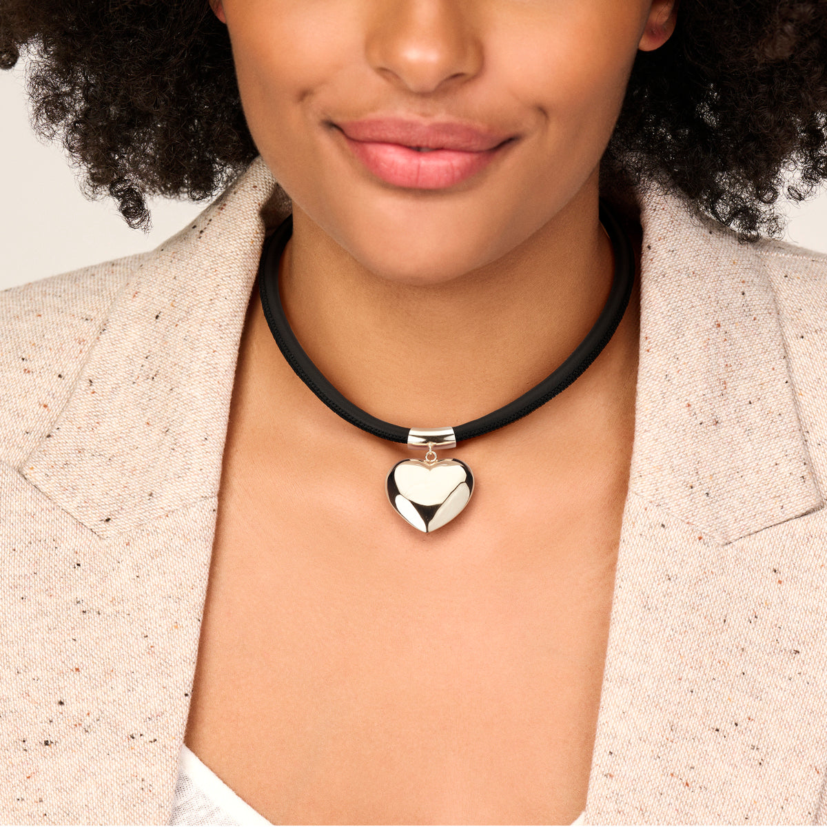 collier hart 38 + 6 cm zilver gerhodineerd met rubber/nylon/leer