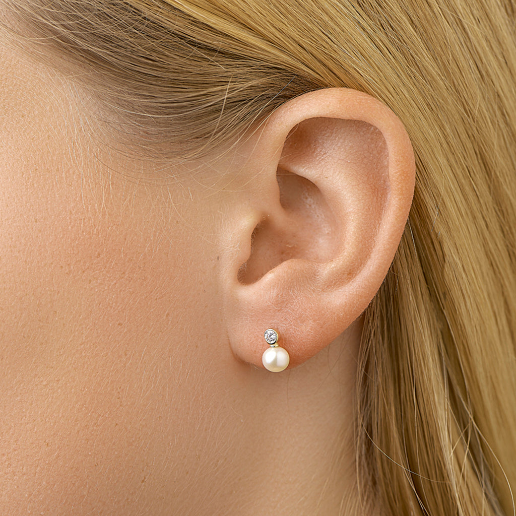 Ohrstecker Perle und Zirkonia 14K Gelbgold