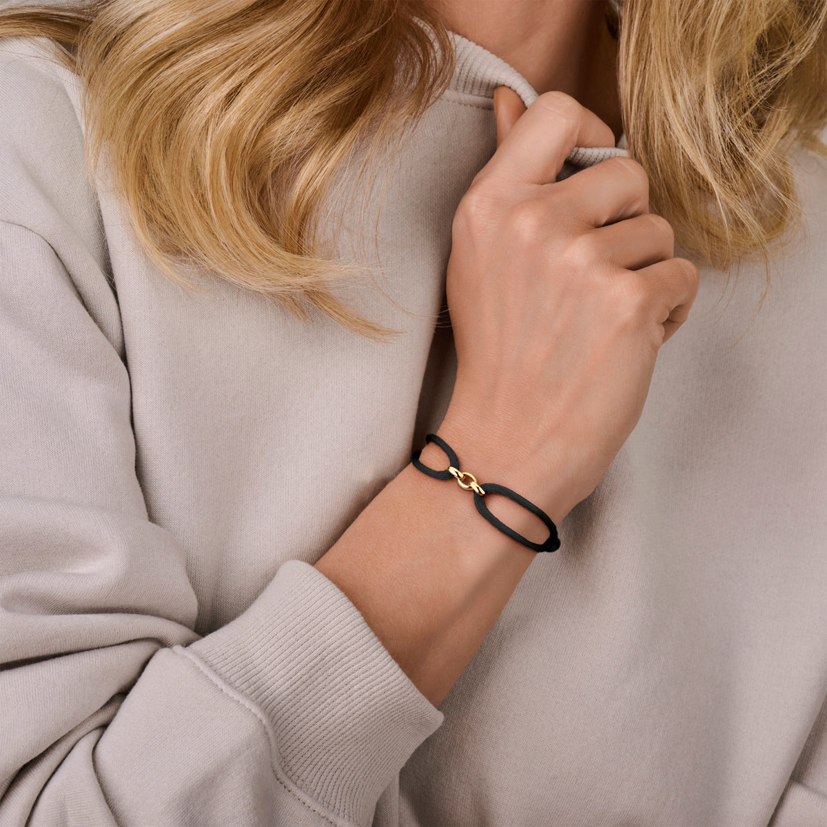 Armband Satin Schwarz 13 - 26 cm 14K Gold mit Gummi/Nylon/Leder