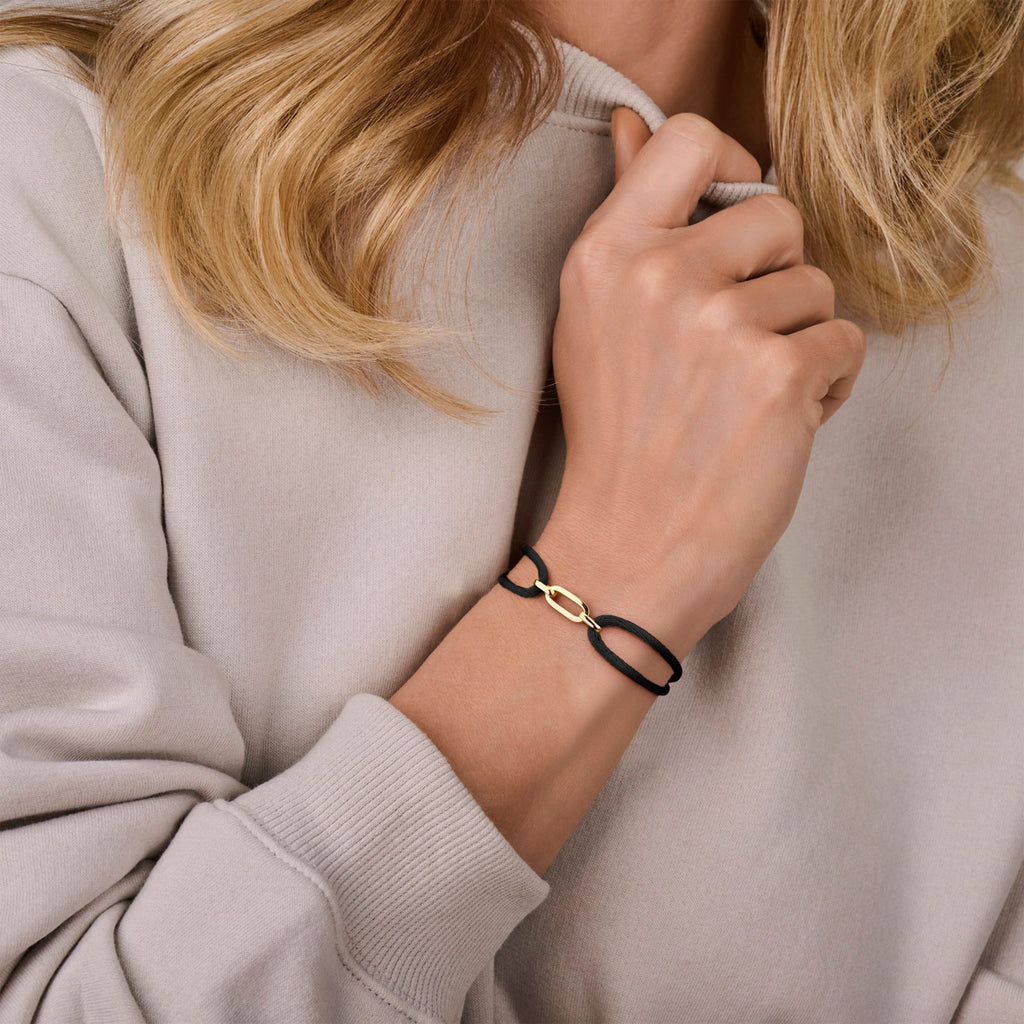 armband satijn zwart 13 - 26 cm 14K goud met rubber/nylon/leer