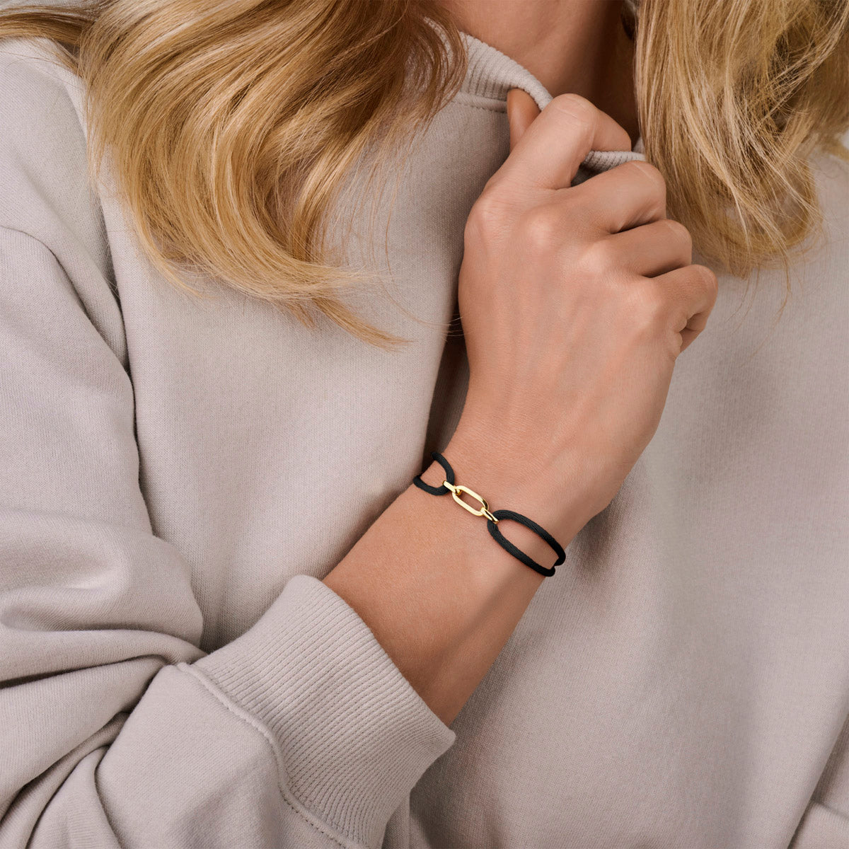 armband satijn zwart 13 - 26 cm 14K goud met rubber/nylon/leer
