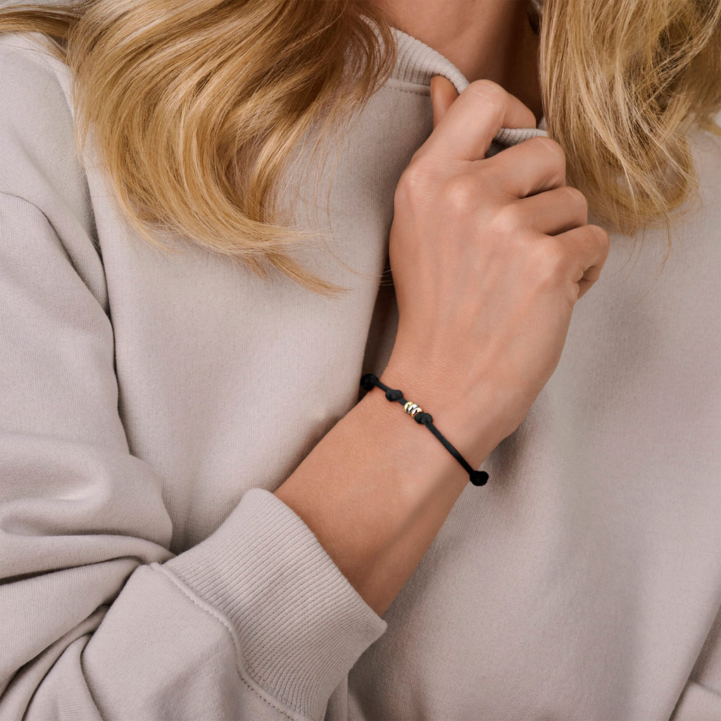 Armband Satin Schwarz Tricolor 13 - 26 cm 14K Gold mit Gummi/Nylon/Leder