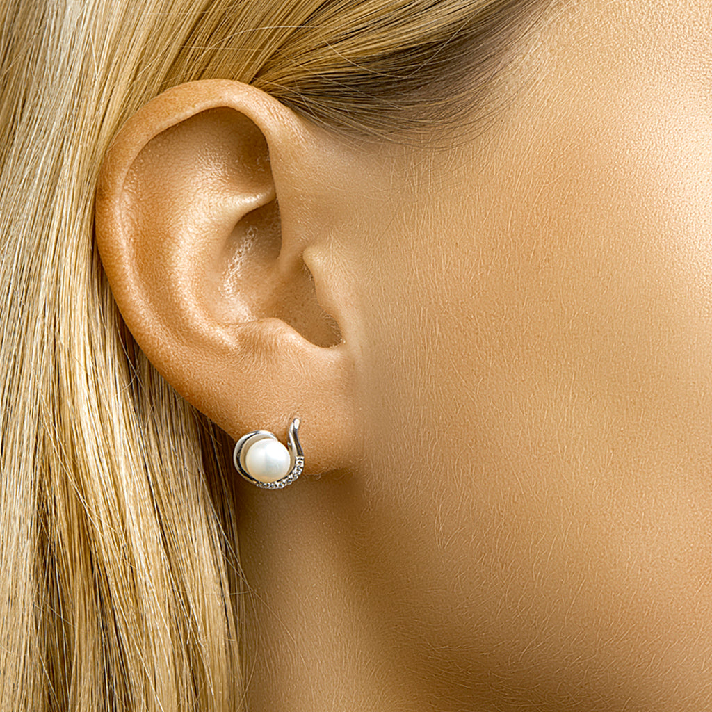 oorknoppen parel en zirkonia zilver gerhodineerd