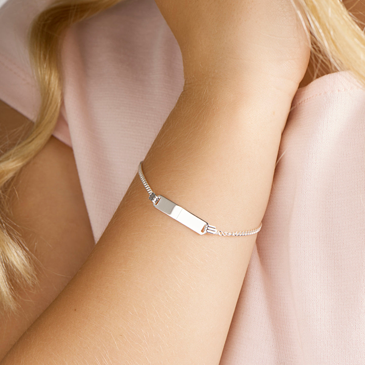 Gravurarmband Gourmet-Kette 4 Seiten geschliffene Platte 4,8 mm Silber weiß