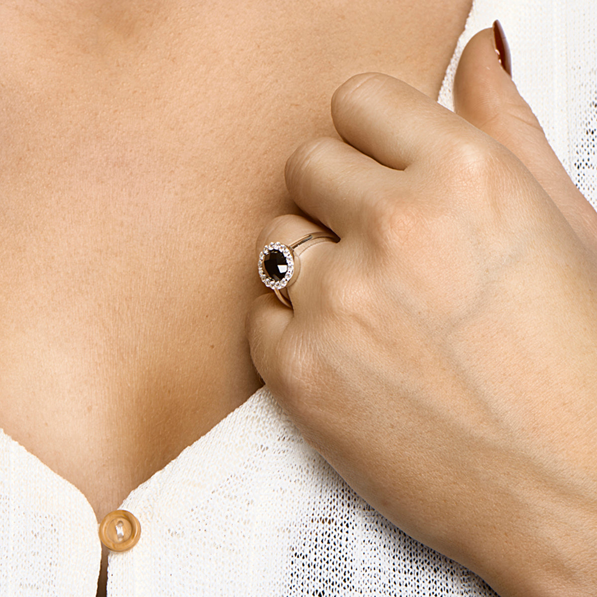 Ring Onyx und Zirkonia rhodiniert Silber