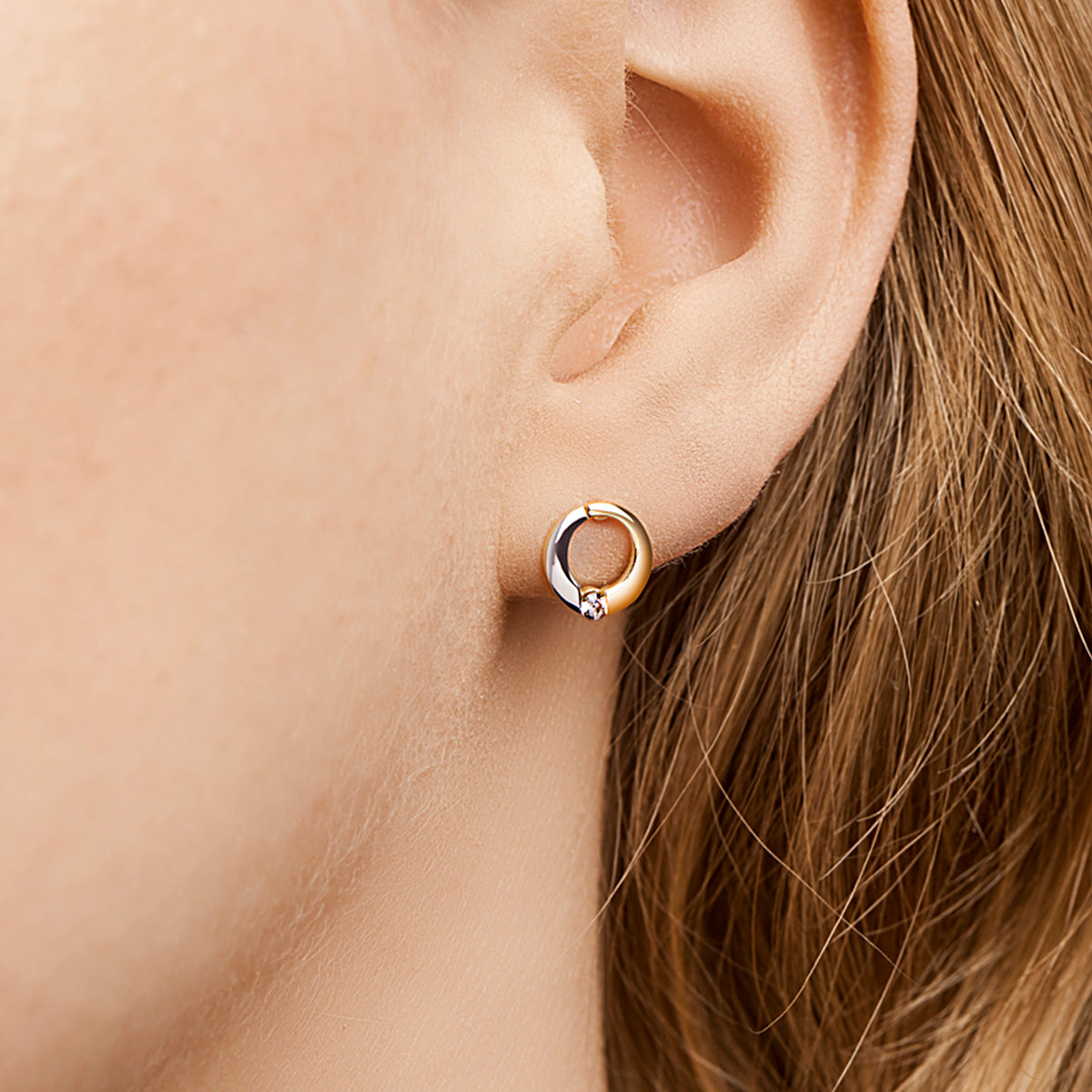 Ohrstecker runder Zirkonia bicolor gestempelt 14K Gelbgold