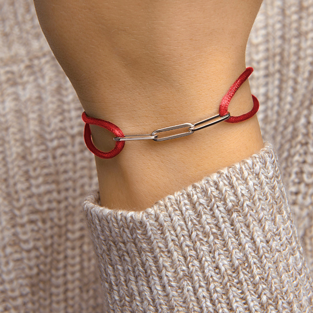Armband Satin rot 13 - 26 cm rhodiniert Silber mit Gummi/Nylon/Leder