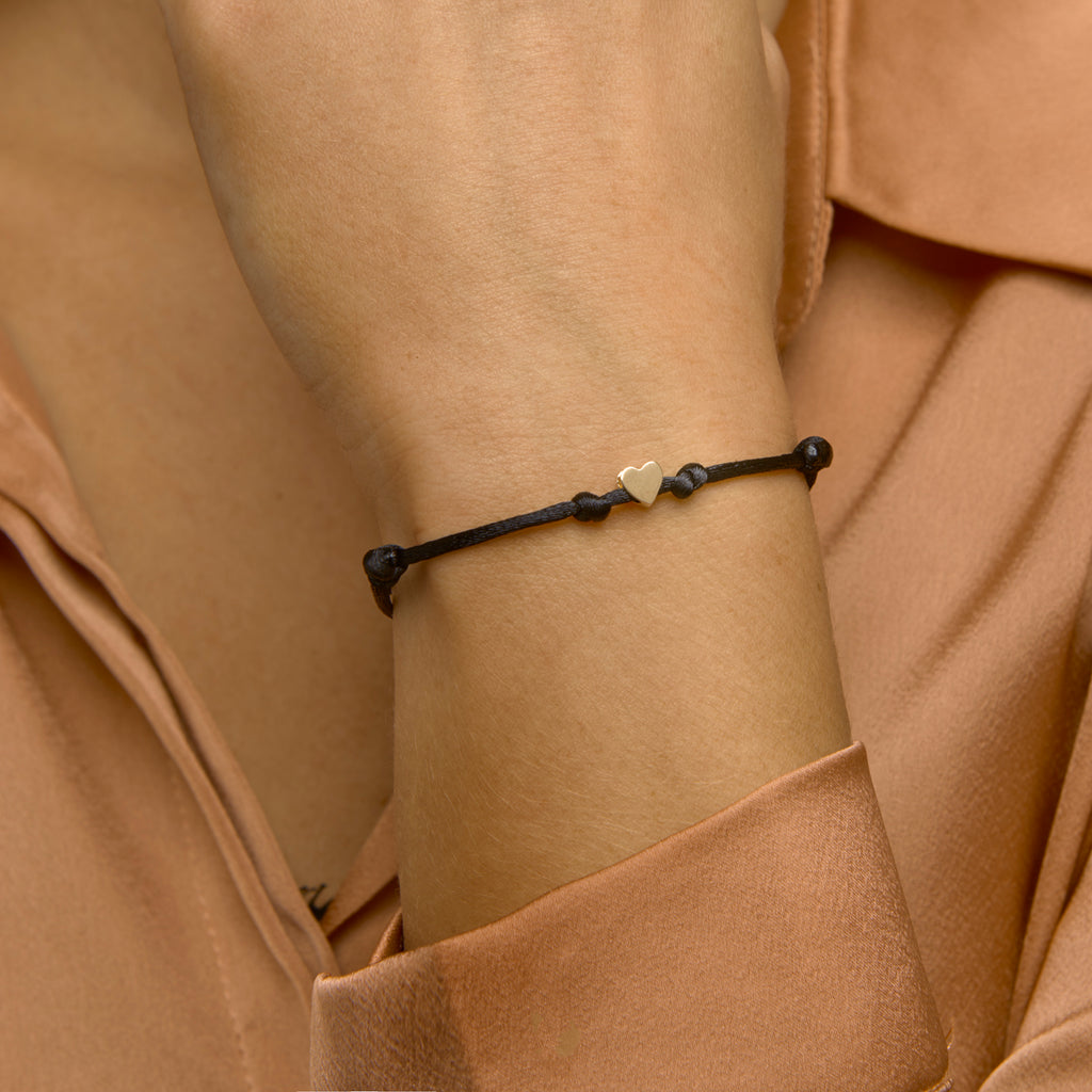 Armband Satin schwarz Herz 13 - 26 cm 14K Gold mit Gummi/Nylon/Leder