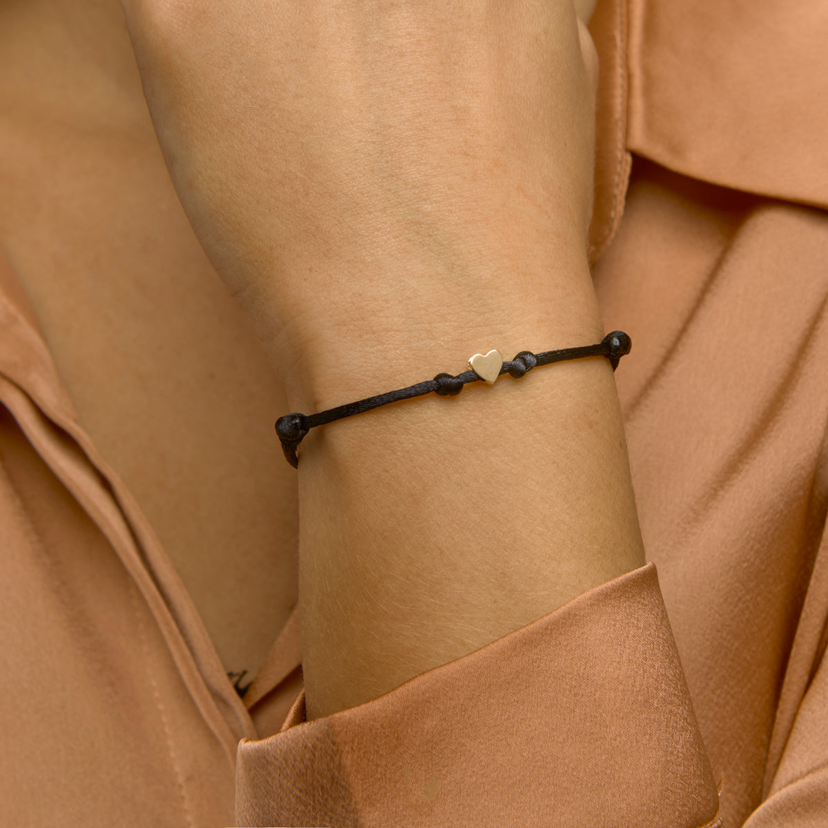 Armband Satin schwarz Herz 13 - 26 cm 14K Gold mit Gummi/Nylon/Leder