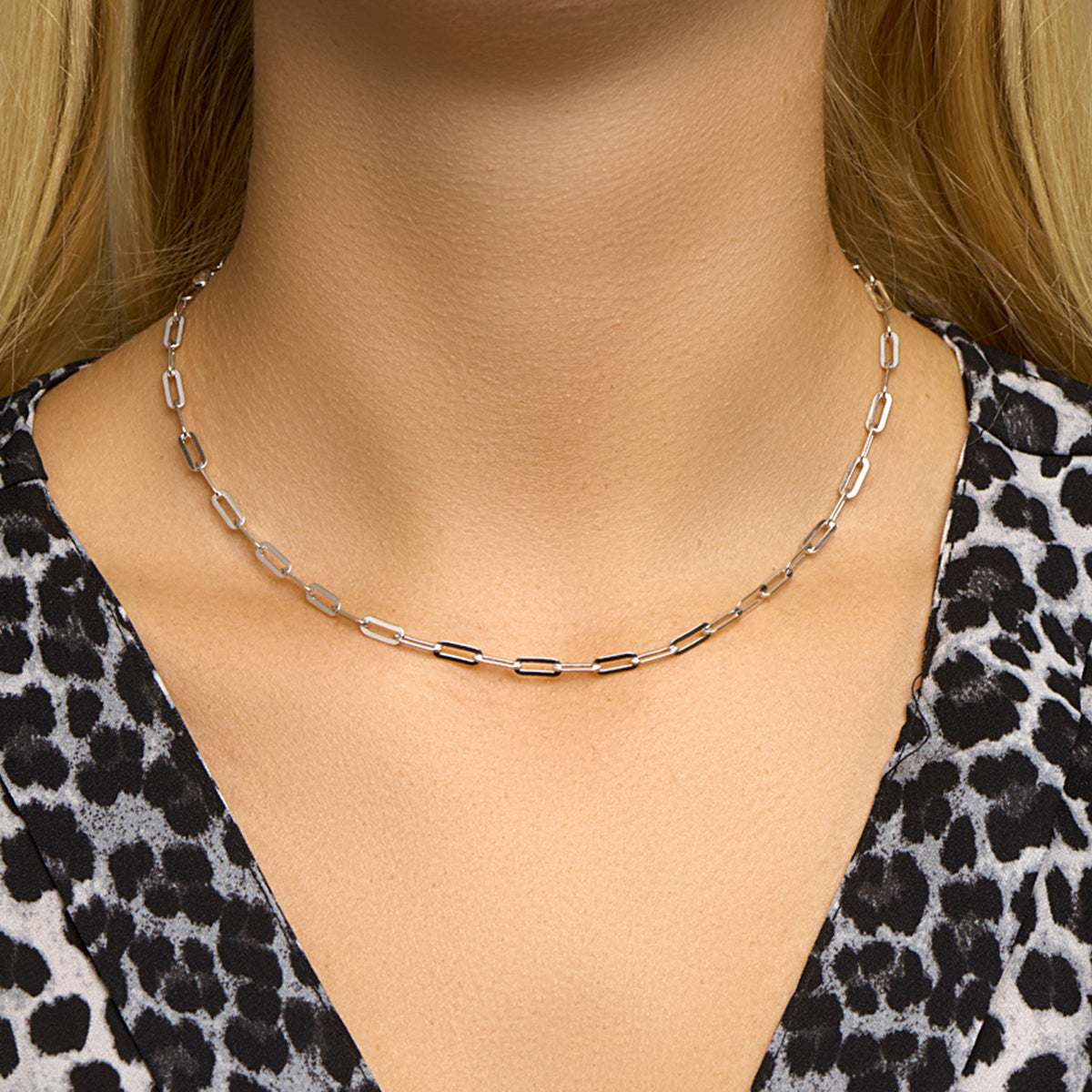 Halskette Büroklammer Flachrohr 3,8 mm 41 + 4 cm Silber rhodiniert