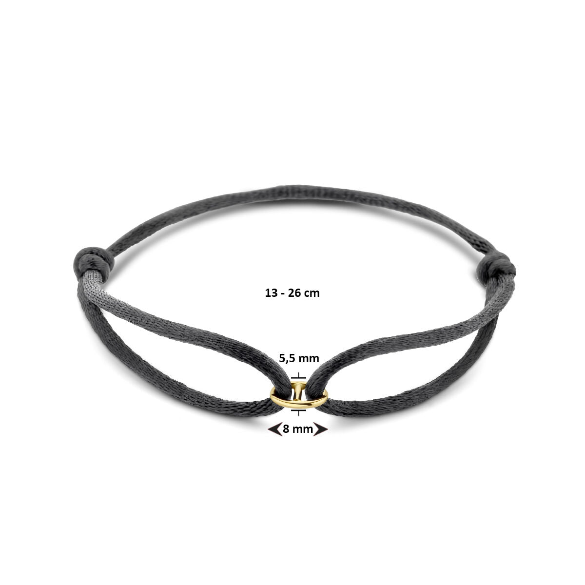 Armband Satin Schwarz 13 - 26 cm 14K Gold mit Gummi/Nylon/Leder