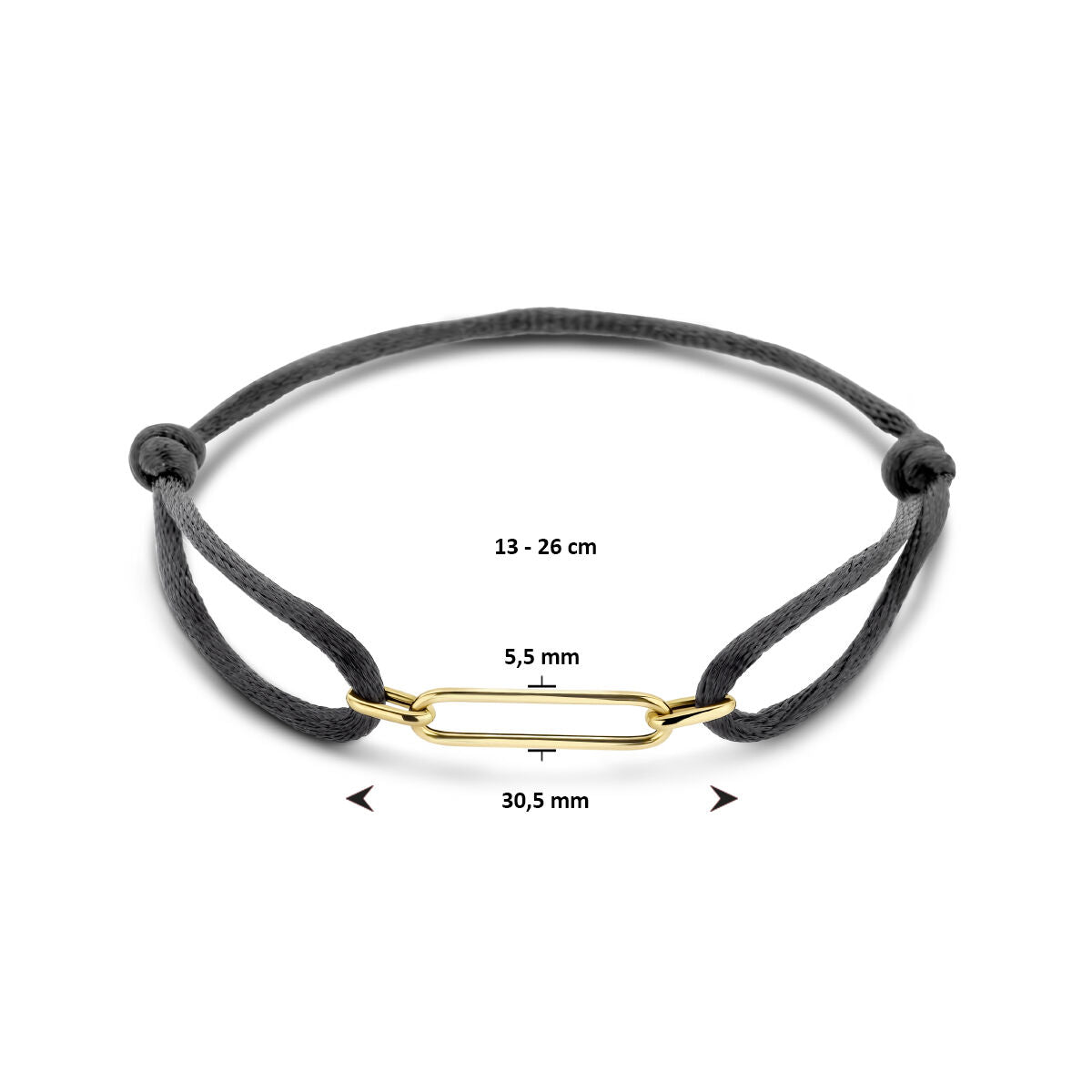 Armband Satin Schwarz 13 - 26 cm 14K Gold mit Gummi/Nylon/Leder