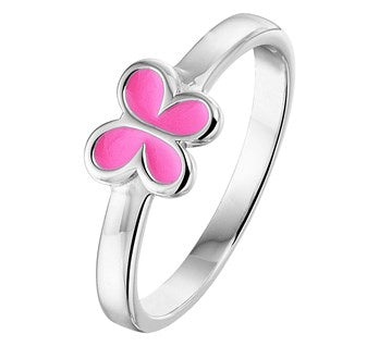 Zilveren kinderring roze vlinder