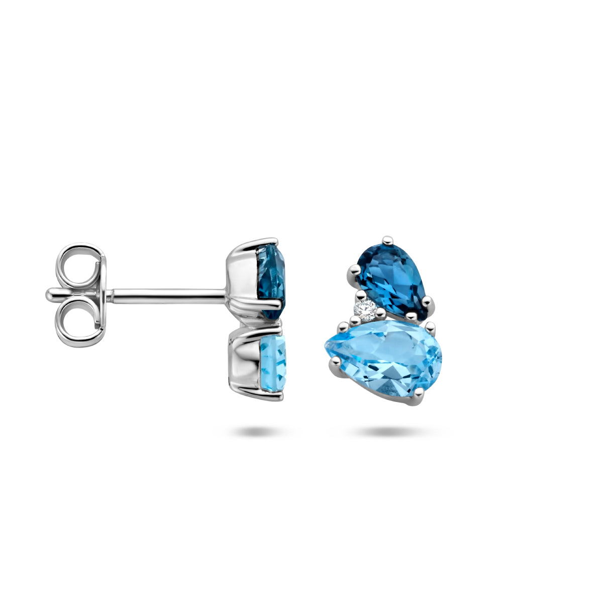 oorknoppen london blue topaas, blauw topaas en diamant 0.015ct (2x0.0075ct) h p1 14K witgoud