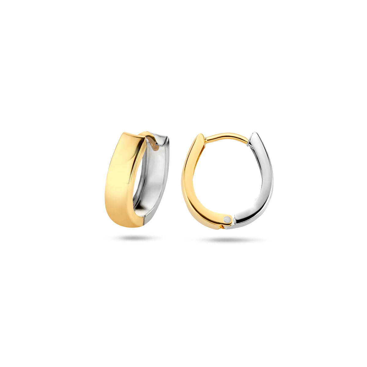 klapoorringen vlak 12 mm 14K bicolor goud geel/wit