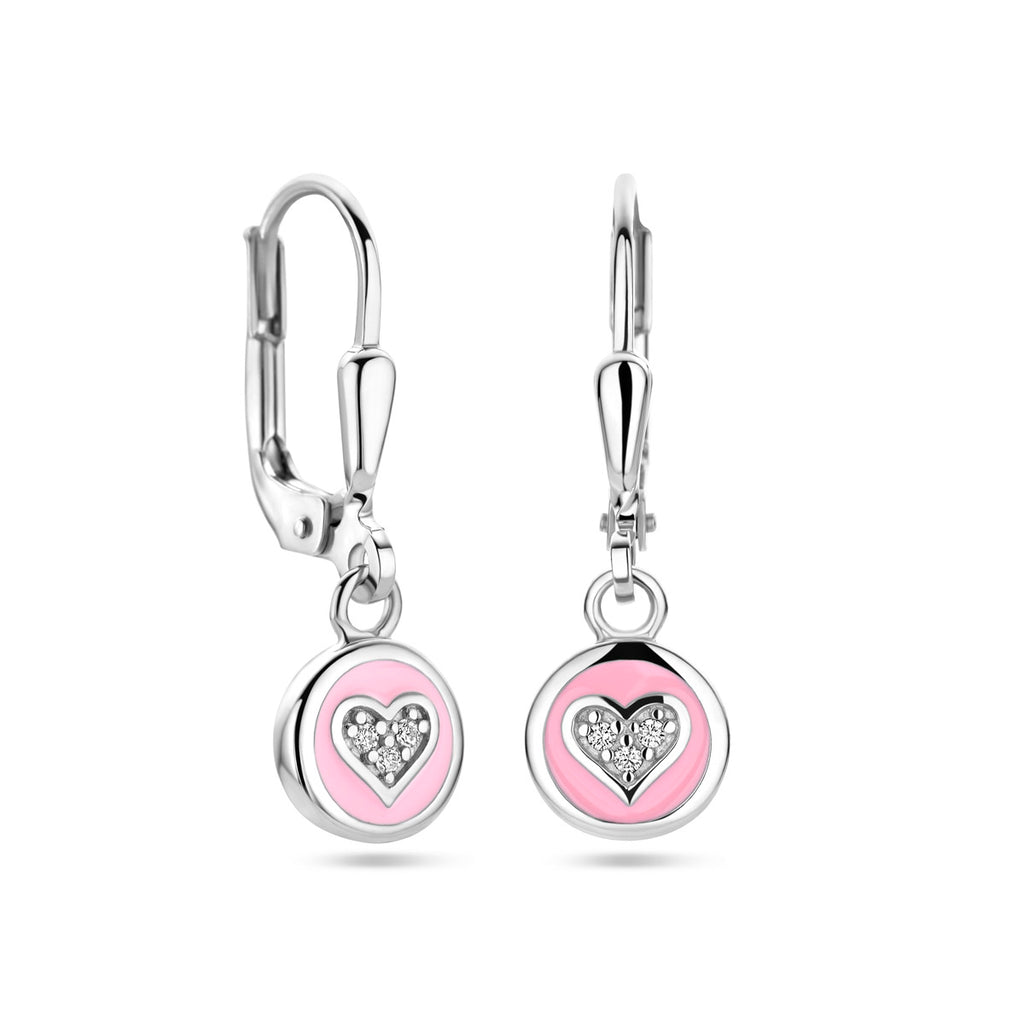 oorhangers  hart zirkonia en roze emaille brisur haak zilver gerhodineerd