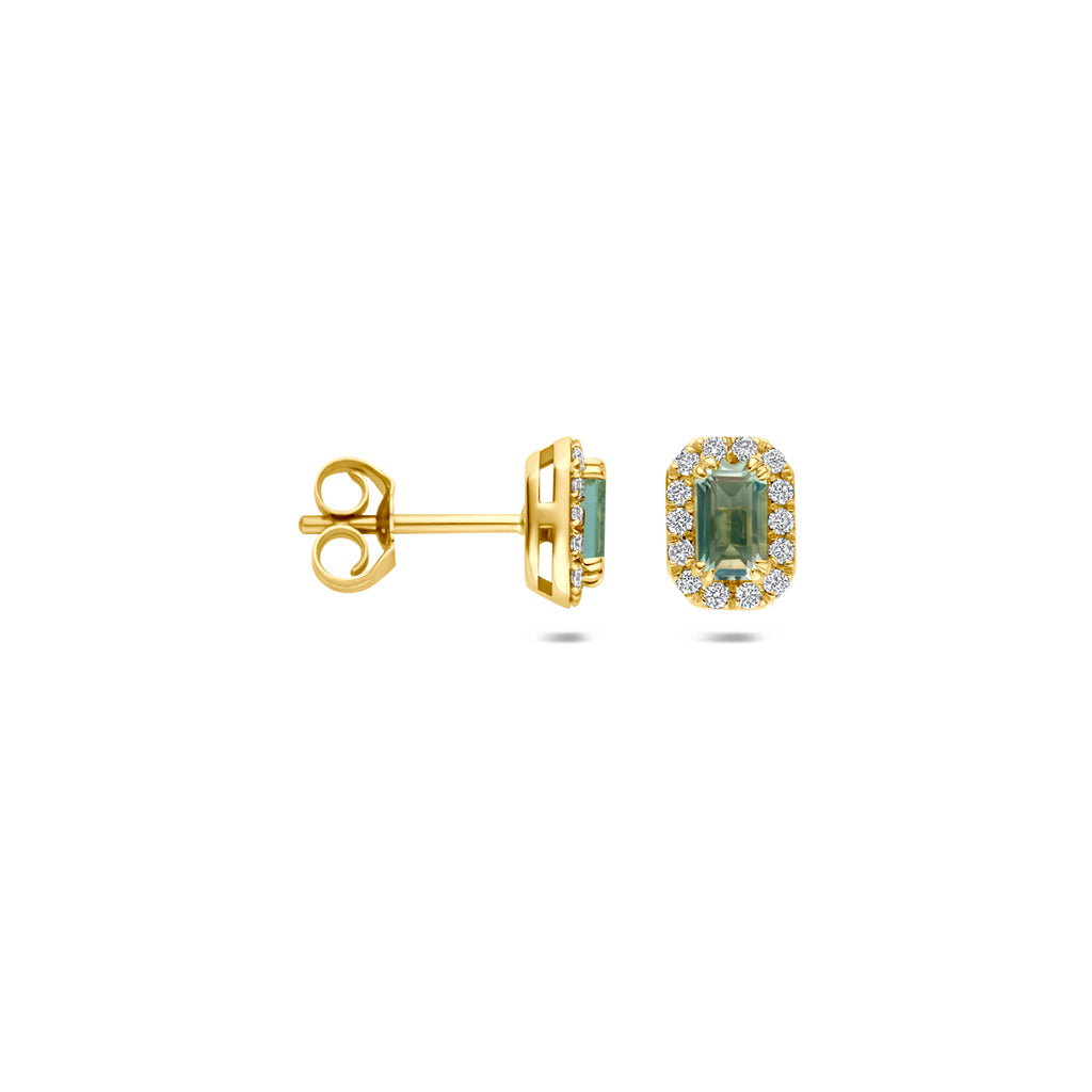 oorknoppen groen amethist en lab grown diamant 0.16ct (2x 0.08ct) f vs 7,5 mm 14K geelgoud