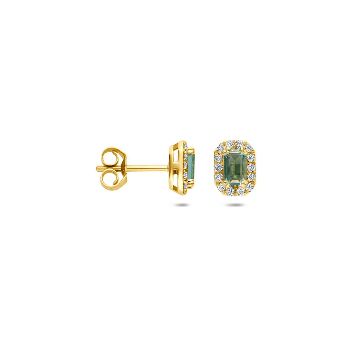oorknoppen groen amethist en lab grown diamant 0.16ct (2x 0.08ct) f vs 7,5 mm 14K geelgoud