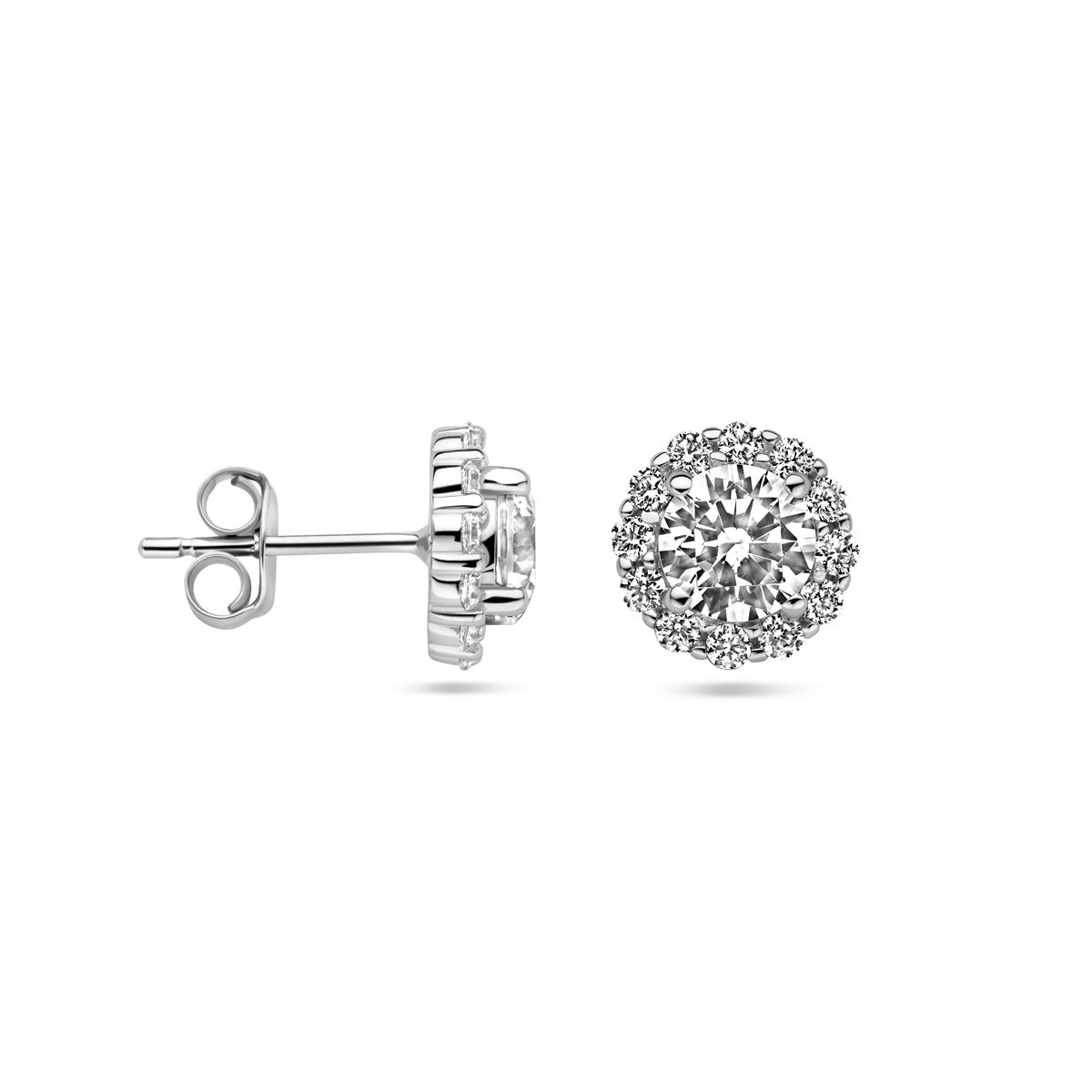 oorknoppen zirkonia halo zilver gerhodineerd