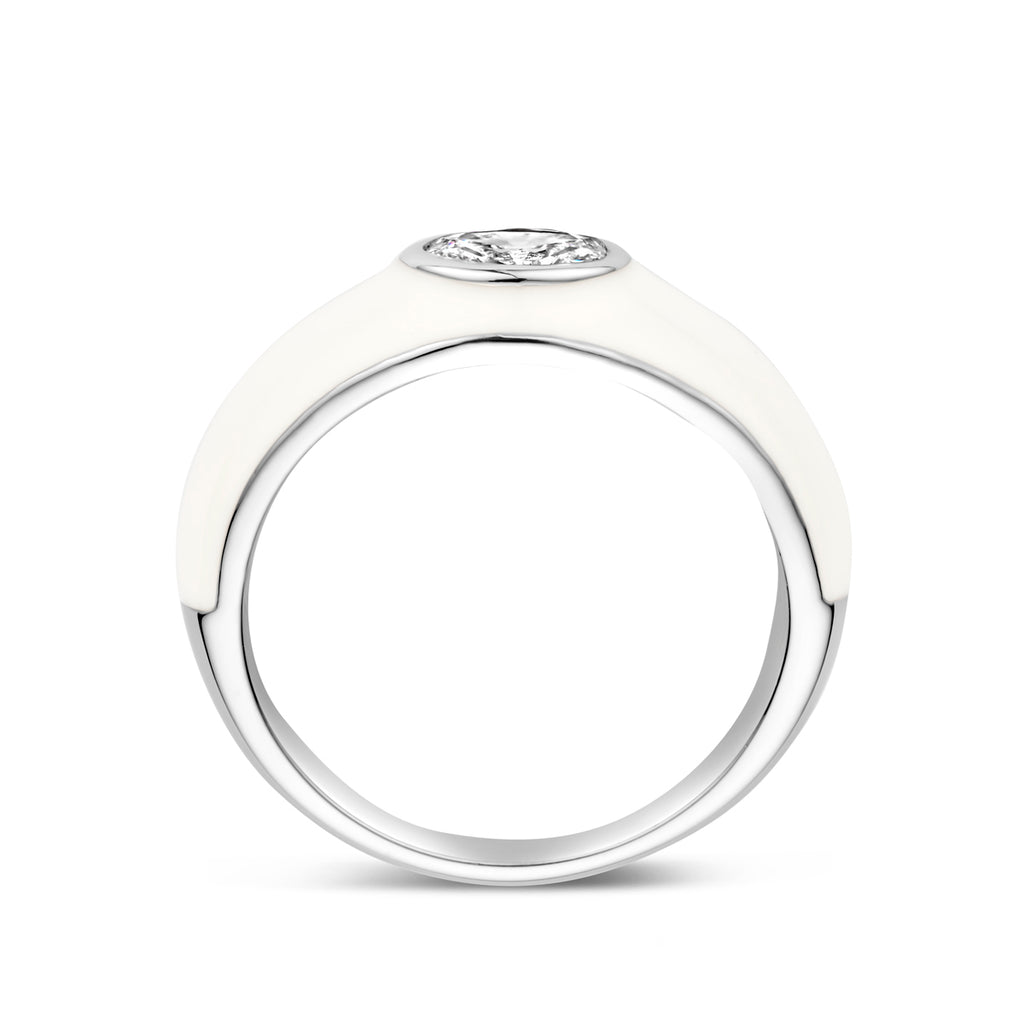Ring weiße Emaille und Zirkonia, Silber rhodiniert
