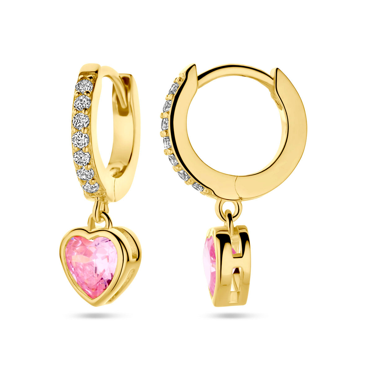 oorringen hart roze en wit zirkonia 1 micron zilver verguld (geel)