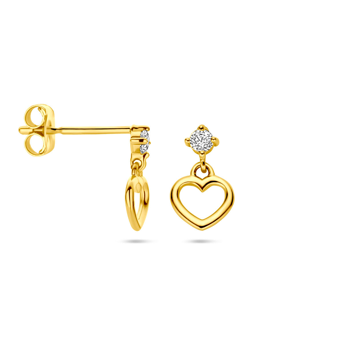 oorhangers hart en zirkonia 14K geelgoud