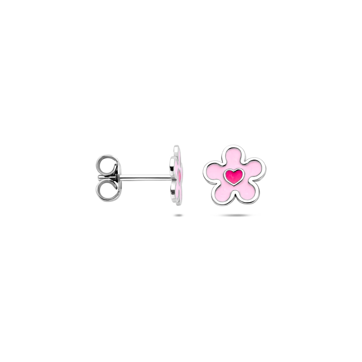 oorknoppen bloem en hartje emaille 8 mm zilver gerhodineerd
