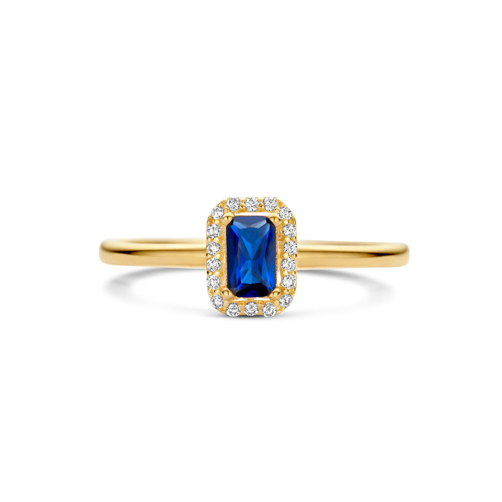 ring synth. saffier en zirkonia halo 14K geelgoud