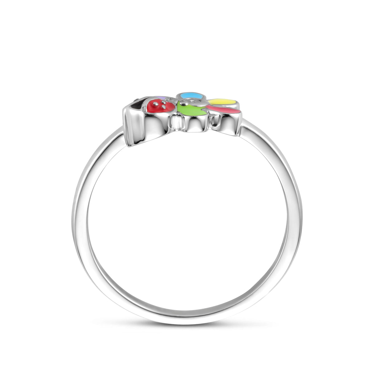 ring zirkonia emaille bloem en lieveheersbeestje zilver gerhodineerd