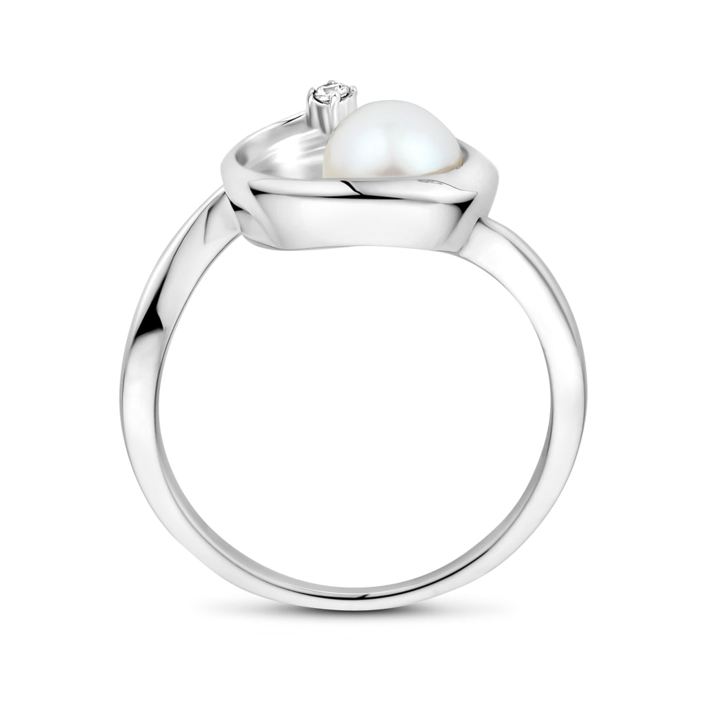Ring oval Perle und Zirkonia 9,5 mm Silber rhodiniert