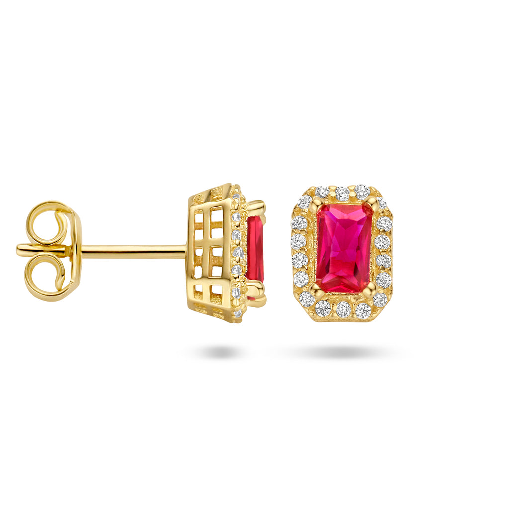 Ohrstecker roter und weißer Zirkonia Halo 14K Gelbgold