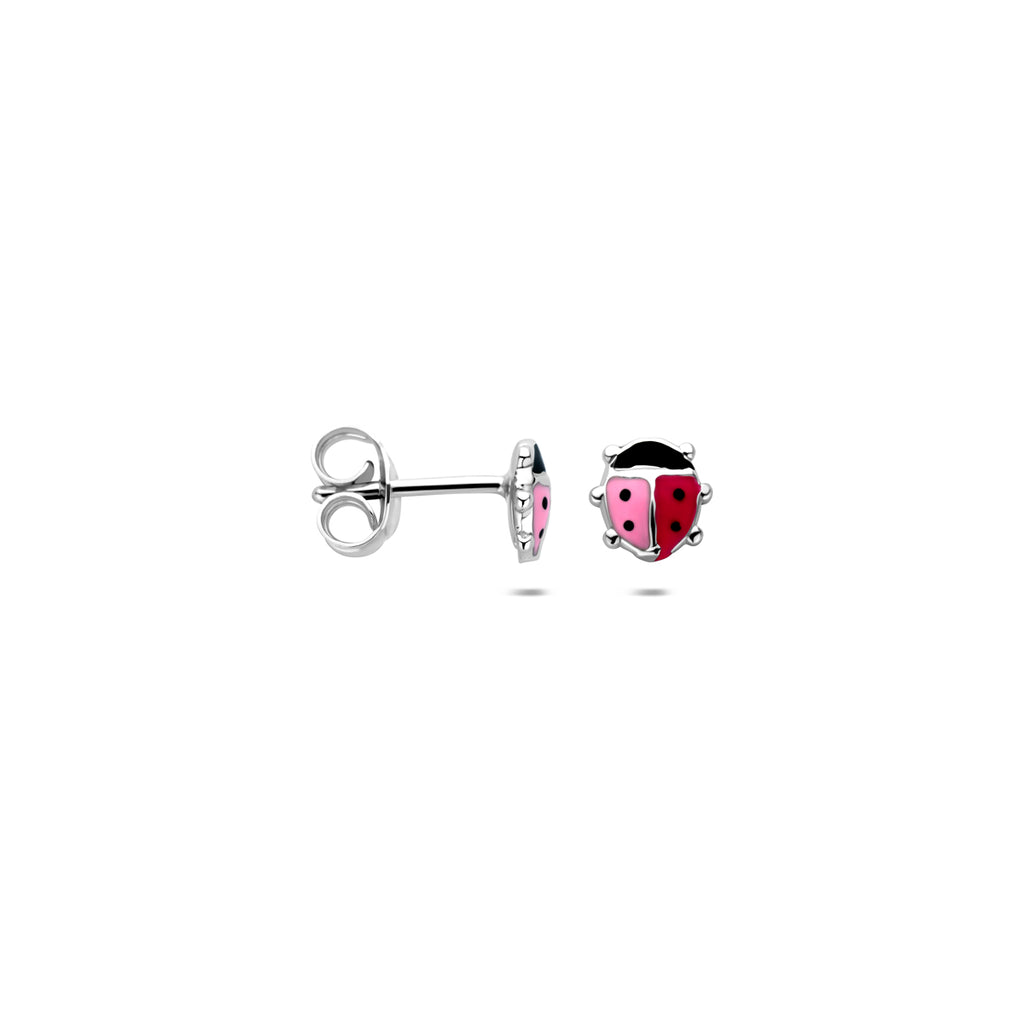oorknoppen emaille lieveheersbeestje 6 mm zilver gerhodineerd