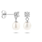 oorhangers zirkonia en parel zilver gerhodineerd