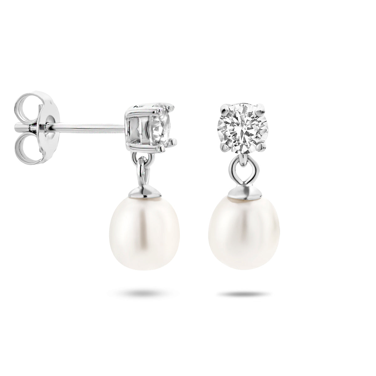oorhangers zirkonia en parel zilver gerhodineerd