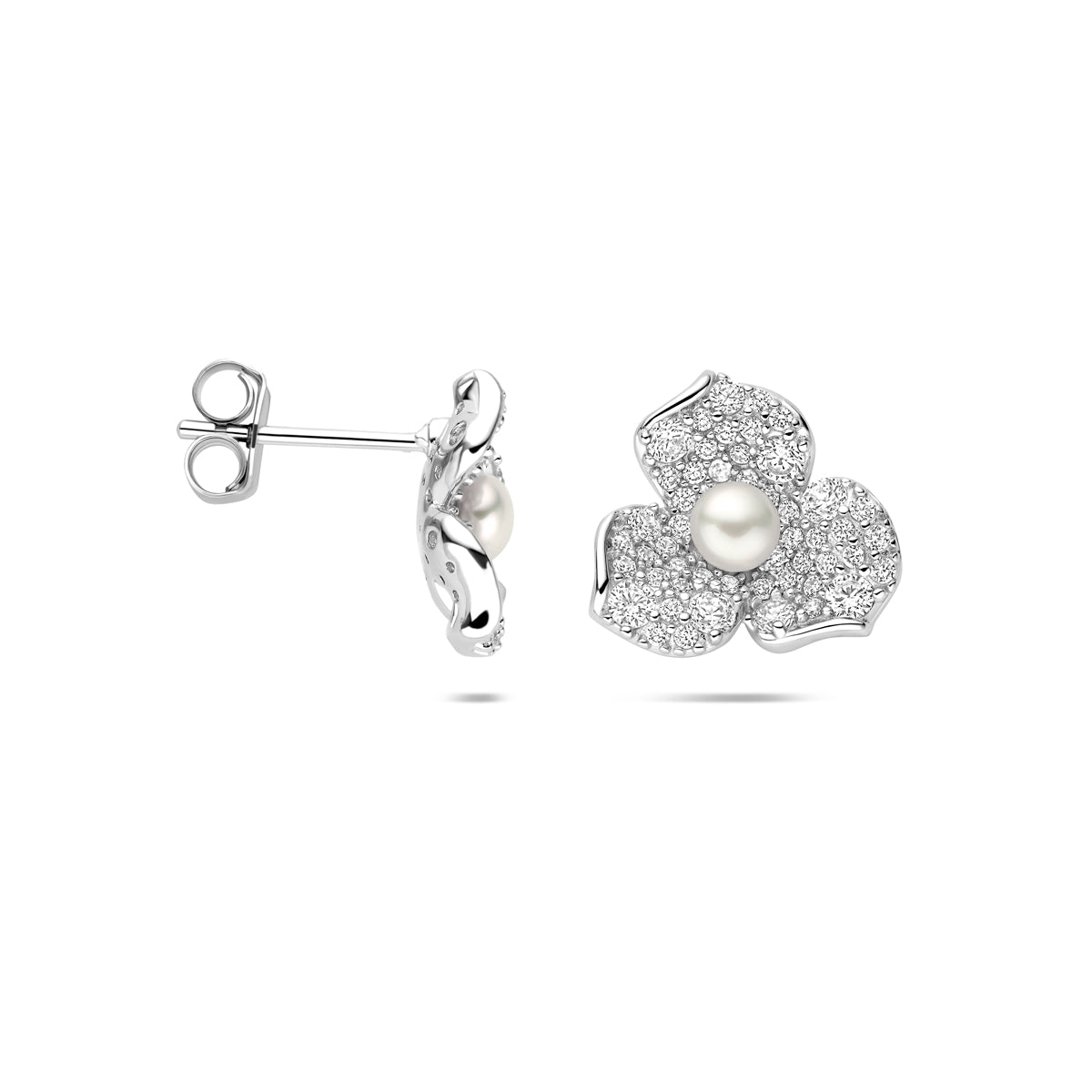 Ohrstecker Blüte Perle und Zirkonia 12 mm Silber rhodiniert