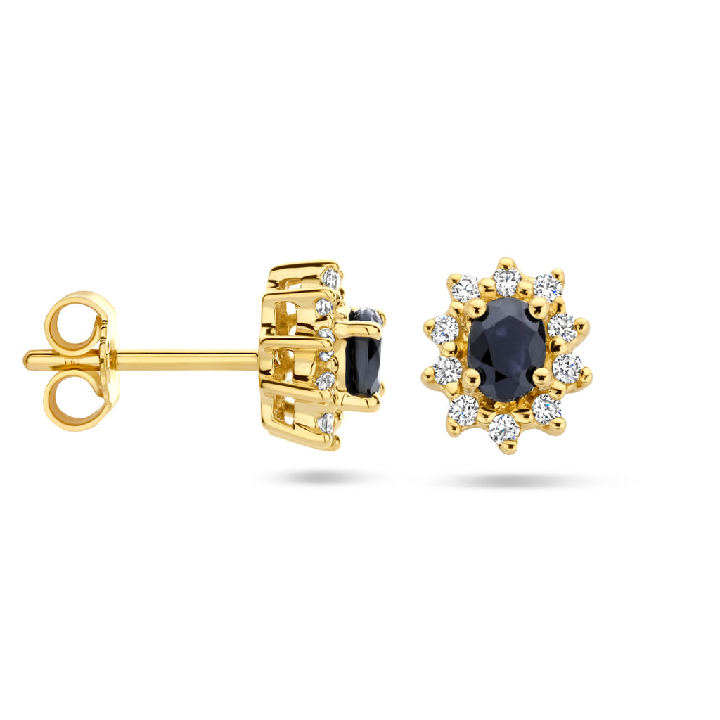 Ohrstecker Saphir und Zirkonia Halo 14K Gelbgold