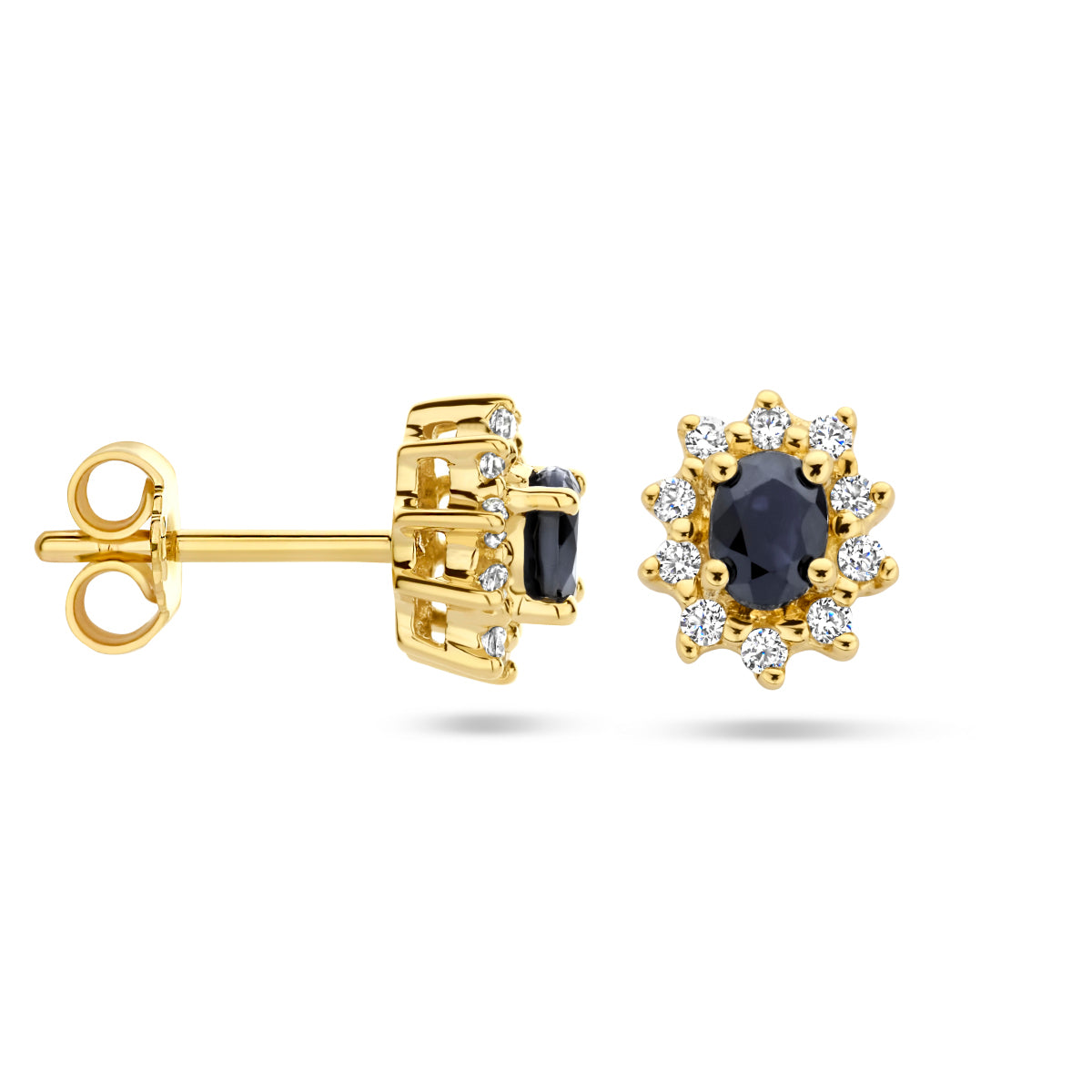 Ohrstecker Saphir und Zirkonia Halo 14K Gelbgold