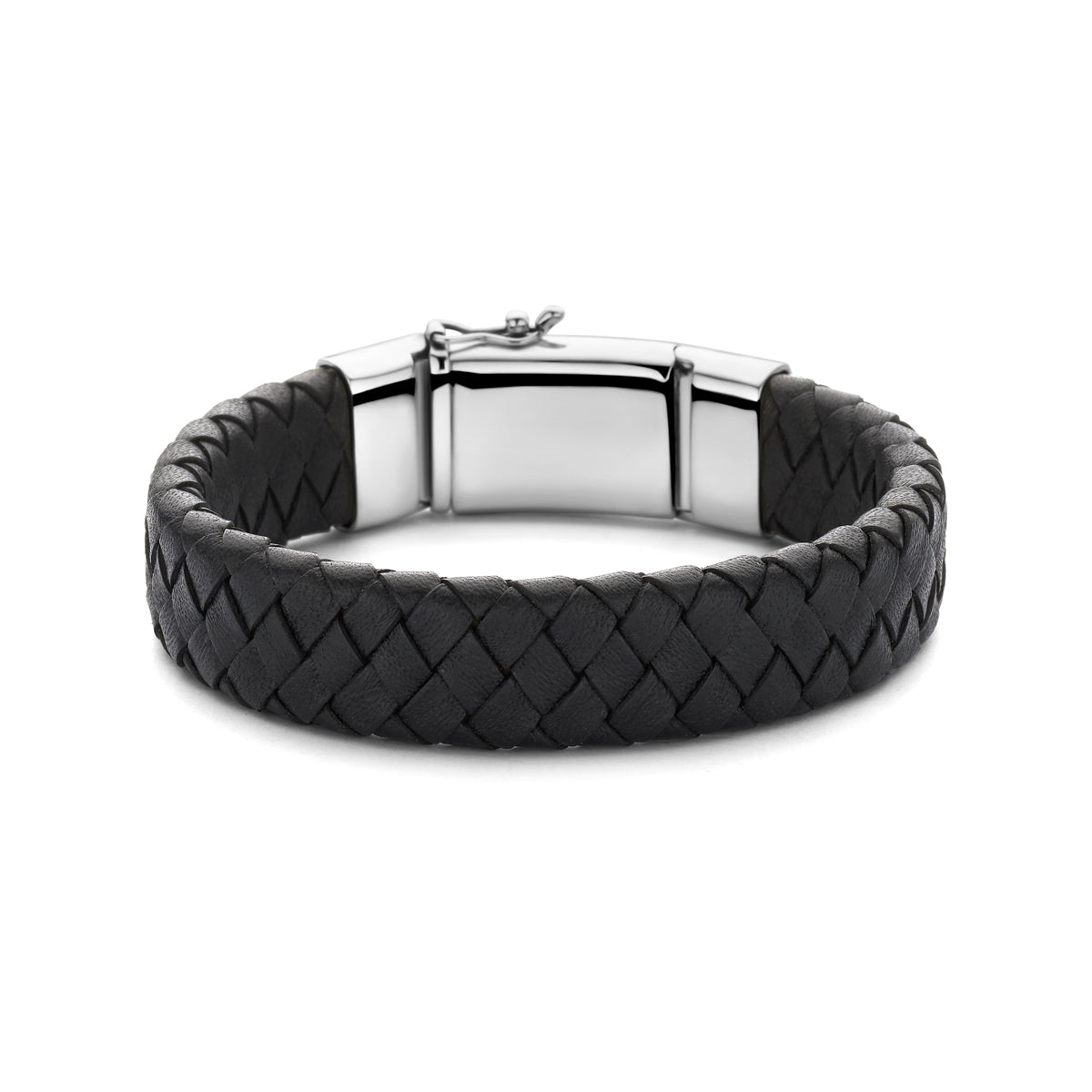 armband zwart leer 15 mm 21 cm zilver gerhodineerd