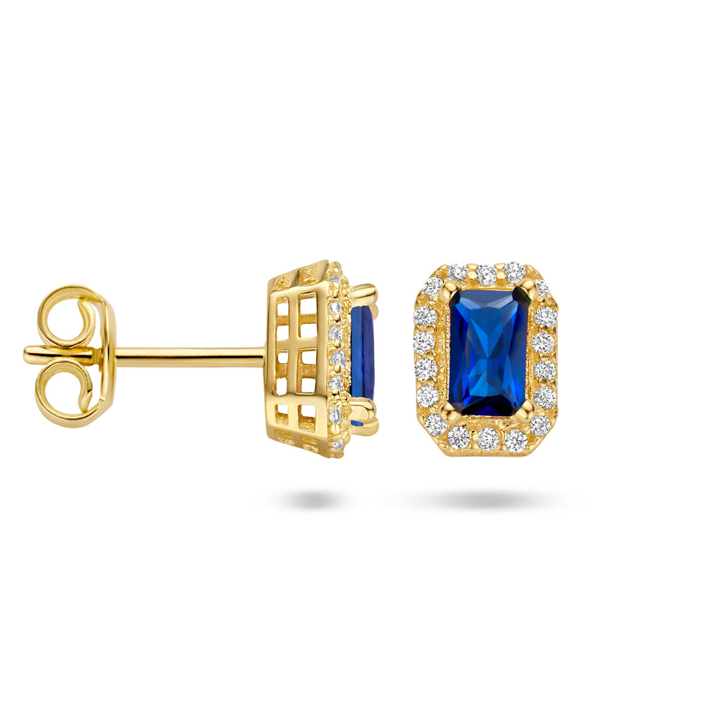 oorknoppen synth. saffier en zirkonia halo 14K geelgoud